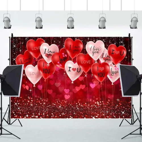 Vista 3 de Telón de fondo para el día de San Valentín de 15 x 8 pies para fotografía, corazones de amor, fondo brillante con purpurina para amantes, decoración