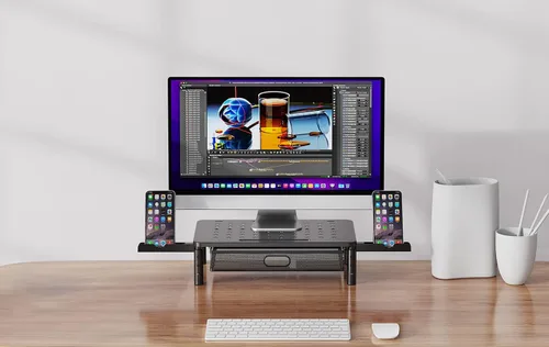 Vista 4 de Zimilar Soporte elevador para monitor con cajón de malla metálica, elevador de monitor de altura ajustable con soporte para teléfono