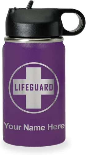 Vista 33 de LaserGram Botella de agua personalizada, salvavidas, acero inoxidable de doble pared aislada al vacío con popote superior, regalo grabado Negro