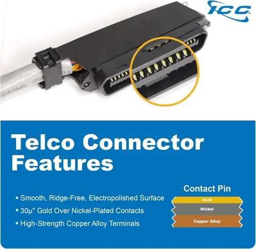 Vista 5 de ICC Cable telco hembra a macho de 25 pares de 10 pies - Cat3 24AWG, 100% cobre puro sólido, cable CMR vertical gris con conector telco de 90 grados