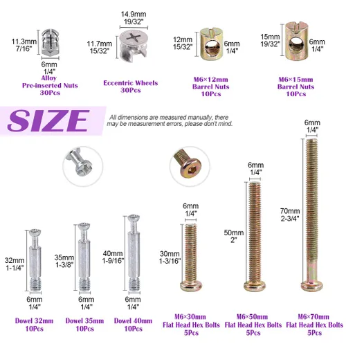 Vista 2 de 125 piezas 3 en 1 Kit de montaje de tuerca de perno de leva con tornillo de fijación de gabinete de muebles, montaje de leva con accesorios