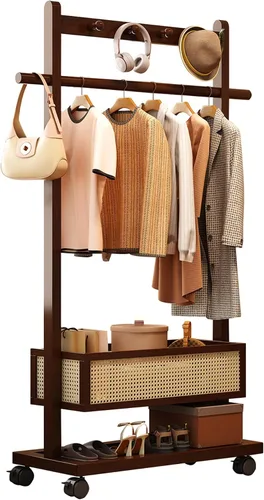 Vista 7 de Perchero con estantes, resistente con cesta de almacenamiento, estantes de ropa rodantes de bambú para espacios pequeños, dormitorio, entrada