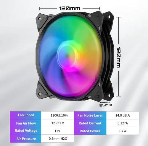 Vista 8 de upHere Larga vida útil de 4.724 in, 3 pines de alto flujo de aire, edición silenciosa, ventilador LED arcoíris para fundas de PC, enfriadores de CPU