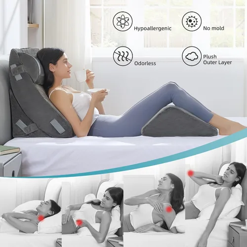 Vista 4 de Kingfun - Juego de 4 almohadas ortopédicas de cuña para cama, de espuma viscoelástica para dormir, almohada triangular transpirable, espuma