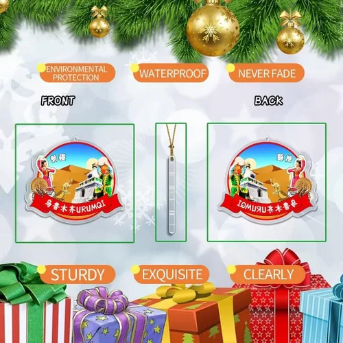 Vista 2 de China Urumqi Xinjiang Adorno de Navidad Acrílico Transparente Decoración de árbol de doble cara Colgante de viaje Recuerdo Colección Turística