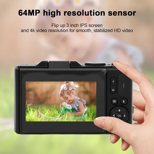Vista 2 de Cámara digital de 64 MP, pantalla de 3 pulgadas, cámara digital compacta retro de video 4K, zoom digital 18X, cámara de vlogging recargable