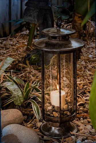 Vista 6 de H Potter – Linterna Huracán, Hierro, Marrón Charcoal, S, 0 volts Farol de vela para interiores y exteriores, patio, porche, jardín y decoración
