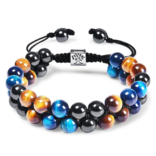 Vista 29 de DHQH Triple Protection Bracelet 8/10MM Hematite Black Agate Tigers Eye Stone Bracelet Crystal Jewelry Healing Bead Bracelets for Men Bring Luck
