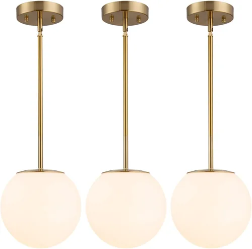 Vista 11 de Lámpara colgante moderna de mediados de siglo, globo dorado claro con pantalla de vidrio blanco, acabado de latón cepillado, altura ajustable