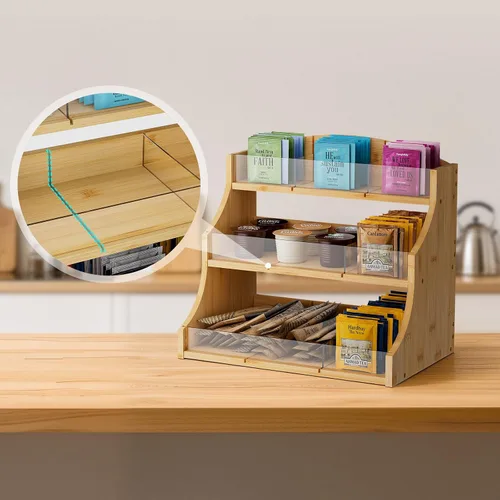 Vista 4 de Organizador de bolsas de té de bambú de 3 capas, baúles de té con divisor acrílico extraíble, soporte para té para encimera, oficina, cocina, madera