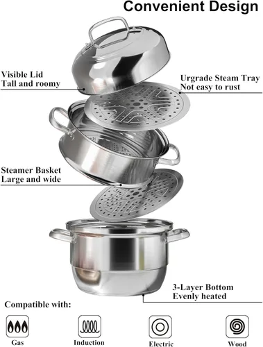 Vista 3 de VENTION Olla Vapor de 3 niveles de acero inoxidable grande de 30 cm, vaporizador de inducción para cocinar, olla de vapor de 11.9 pulgadas