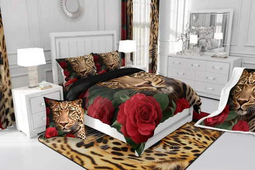 Vista 8 de Erosebridal Juego de ropa de cama de guepardo con rosa roja, juego de edredón con estampado de leopardo y gato, edredón romántico de plumón, Multi 03