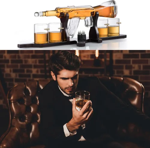 Vista 5 de Juego de decantador de whisky + 4 vasos de whisky en madera rica, bandeja de base de caoba clásica con piedras escalofriantes, dispensador de whisky