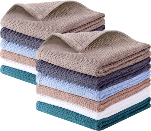 Vista 8 de QUILTINA Paquete de 6 paños de cocina de 12 x 12 pulgadas, 100% algodón, tejido de gofre, súper absorbentes, de secado rápido, color beige