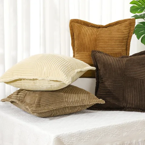 Vista 7 de Lewondr - Juego de 4 fundas de almohada de pana de 20×20 pulgadas, fundas de almohada cuadradas suaves, fundas de almohada decorativas con rayas