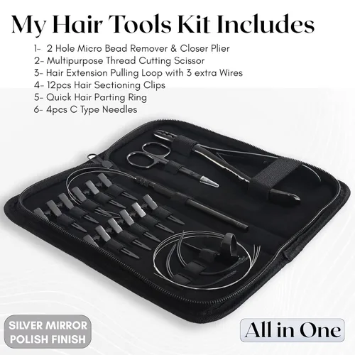 Vista 2 de El kit de herramientas de extensión de cabello incluye 2 alicates de prensado de microeslabones con microperlas, 12 clips de seccionamiento