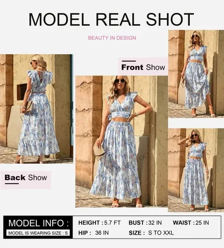 Vista 2 de Dokotoo Vestido bohemio para mujer, cuello en V profundo, 2 piezas, falda con volantes, manga casquillo, lazo en la cintura, vestido largo de gasa