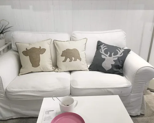 Vista 5 de Funda de almohada decorativa con cabeza de ciervo de algodón y lino bordado, 18 x 18 pulgadas (gris) Cabeza de ciervo gris