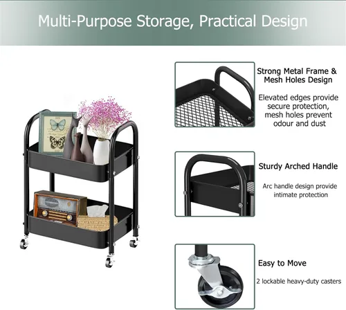 Vista 3 de Melody House Carrito de almacenamiento rodante de 2 niveles totalmente metálico con asa y ruedas con bloqueo - Organizador para cocina, lavandería