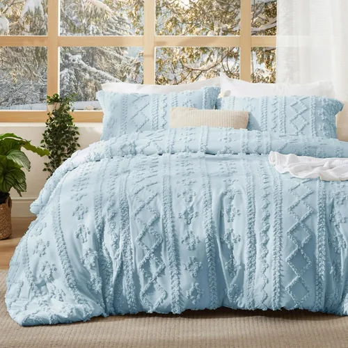 Vista 32 de Bedsure Juego de edredón bohemio copetudo, tamaño individual, juego de cama bohemio azul pizarra, GentleSoft™ 2 piezas de ropa de cama bordada