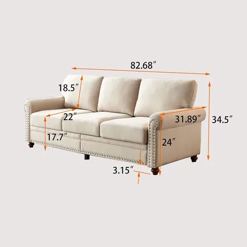 Vista 2 de Lestar Sofá de tela de 3 plazas, sofás tapizados modernos de 3 plazas con clavos y reposabrazos (beige)