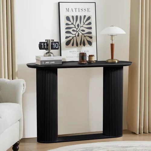 Vista 8 de Mesa Consola Acanalada, Mesa de Entrada Estilo Granja con Almacenamiento y Patas de Madera Acanalada, Mesa de Sofá Estrecha, Mesa de Entrada Pequeña