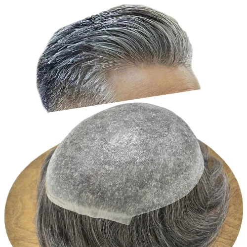 Vista 23 de Tupé de piel ultra fina para hombres pieza de cabello humano real sistema de reemplazo 0.002 in Mens Toupee Hairpiece para hombres V-Loop 8x10 80%
