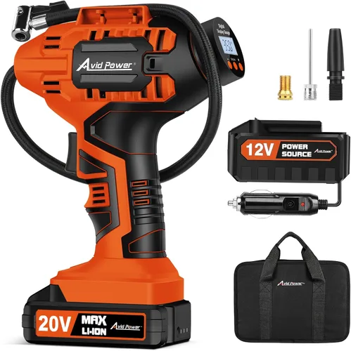 Vista 10 de Avid Power Compresor de aire portátil para inflar neumáticos de auto, bomba inalámbrica de 20 voltios, batería recargable y adaptador de 12 voltios
