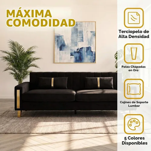 Vista 4 de Juego de sofá de 85 pulgadas, sofá de terciopelo con 2 almohadas y patas doradas, marco resistente de 750 libras, sofá moderno para dormitorio Negro