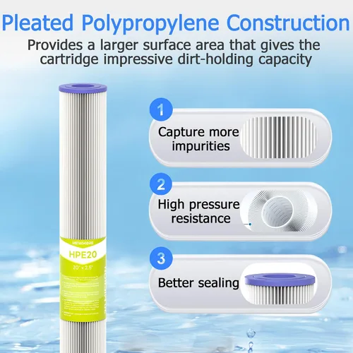 Vista 3 de Cartucho de filtro de agua de 20 micrones para toda la casa, filtros de sedimentos plisados para agua de pozo, reemplazo universal para cualquier