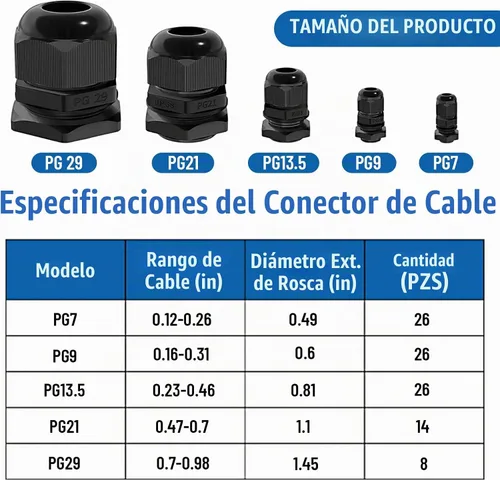 Vista 2 de Prensaestopas de cable 100 unids glándula de cable juntas impermeables, conectores de cable impermeables negros ajustables de 0.118-0.984 in PG7 PG9