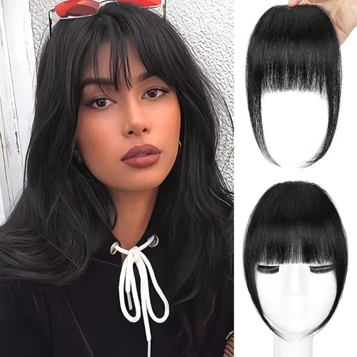Vista 12 de BOGSEA Flequillo con clip, flequillo falso de cabello humano 100% real con clip, extensiones de cabello con fleco y sienes, postizos para mujeres