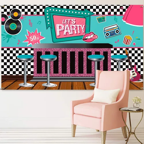 Vista 6 de Boao Decoraciones de fiesta de los años 50, pancarta de Rock and Roll de los años 50, telón de fondo mecedor de los años 50, pancarta retro