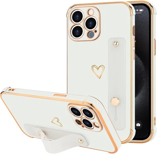 Vista 34 de LLZ.COQUE Funda compatible con iPhone 12 para mujeres y niñas, parachoques chapado de lujo con bonito diseño de corazón de amor, soporte de correa
