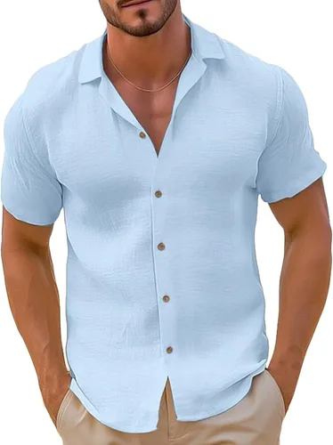 Vista 10 de Camisa de guayabera cubana para hombre, estilo casual, con botones, de manga corta, para verano, playa, hippie, color sólido, tops de trabajo