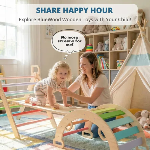 Vista 6 de BlueWood Pikler - Juego de triángulos de madera para niños pequeños, escalador plegable 7 en 1 para interiores para niños, juego de filosofía