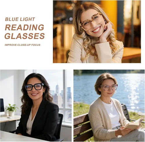 Vista 2 de AQWANO Oversized Square Reading Glasses Women, Blue Light Blocking Computer Glasses, 3-Pack Fashion Large Frame Readers