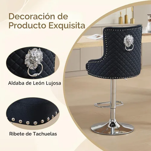 Vista 4 de Juego de 2 taburetes de bar de terciopelo, taburetes giratorios de altura de barra con anillo de tracción de león, taburetes tapizados de altura