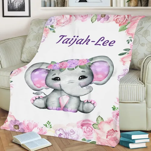 Vista 2 de Manta de bebé personalizada con nombre para bebés, niños y niñas, diseño de elefante, manta suave, regalos de despedida de recién nacidos
