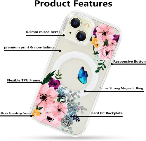Vista 6 de Funda magnética de flores para iPhone 15 [compatible con MagSafe] Bonito patrón floral transparente a prueba de golpes