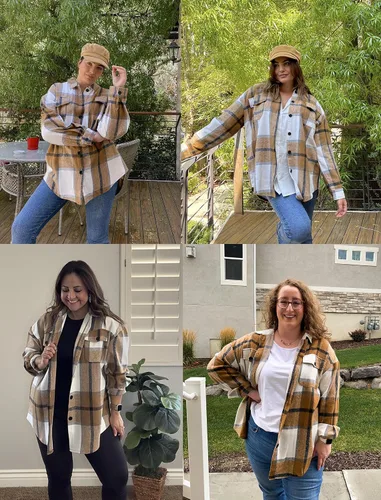 Vista 4 de IN'VOLAND Chaqueta de franela a cuadros de manga larga con botones para mujer, tallas grandes, blusas casuales de otoño