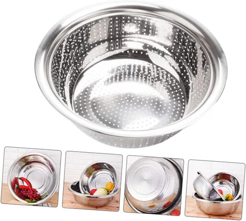 Vista 3 de 1 colador de metal y lavado de ensaladas, contenedor base, vajilla, lavaplatos, bayas, vegetales, ensalada, ensalada, cocina, escurridor de verduras