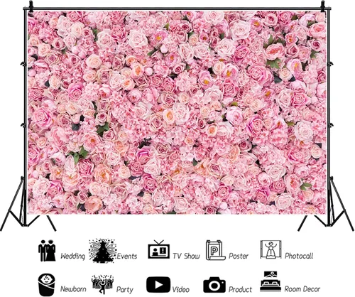 Vista 2 de Telón de fondo de pared rosa rosa de 5 x 3 pies con flores rosas para fotografía, telón de fondo para exteriores, recién nacido, baby shower, boda