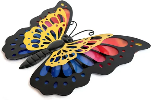 Vista 3 de HONGLAND Decoración de pared de mariposa de metal, escultura de arte para interiores y exteriores, decoración de cristal colgante azul