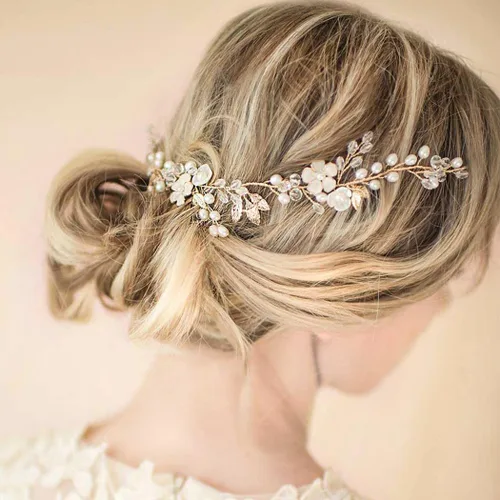 Vista 4 de JONKY Vid de pelo de novia de cristal de hoja de perla, diademas y accesorios para el cabello para mujer (dorado)