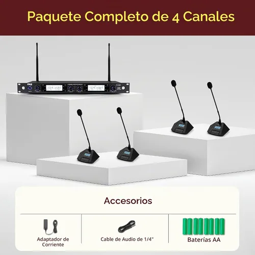 Vista 7 de Pyle Sistema de micrófono inalámbrico UHF de 4 canales con 4 micrófonos de cuello de cisne, rango de 300 pies, frecuencias seleccionables y receptor