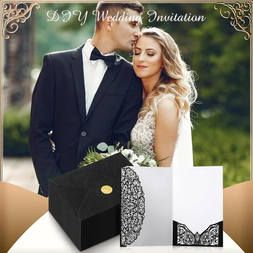 Vista 5 de PerKoop Juego de 100 invitaciones de boda cortadas con láser de 5 x 7 pulgadas con sobres y calcomanías de sello de cera, kit de tarjetas