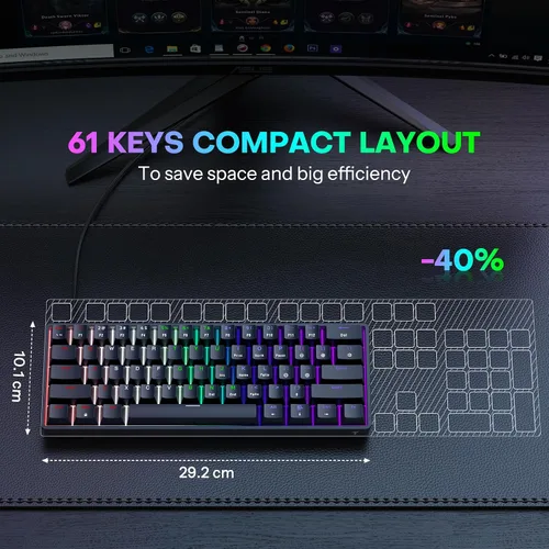 Vista 2 de TECURS Teclado mecánico compacto 60% para MacWindowsPC, ideal para oficina y juegos, teclado con cable retroiluminado RGB de 61 teclas