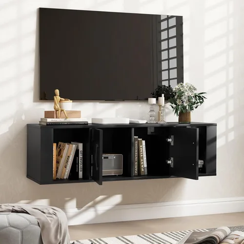 Vista 7 de Giantex - Gabinete de almacenamiento montado en la pared de 2 cubos, estante flotante para medios y escritorio con 2 puertas y 2 estantes abiertos