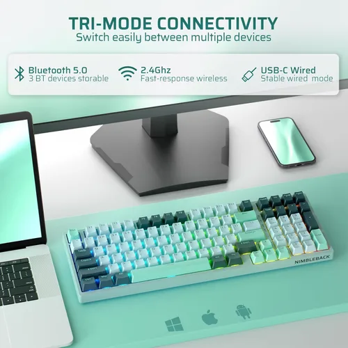 Vista 3 de LTC Nimbleback NB981 - Teclado mecánico inalámbrico al 95%, 2.4G/BT/USB-C con cable RGB 98 teclas, amortiguador de 3 capas, PCB de intercambio